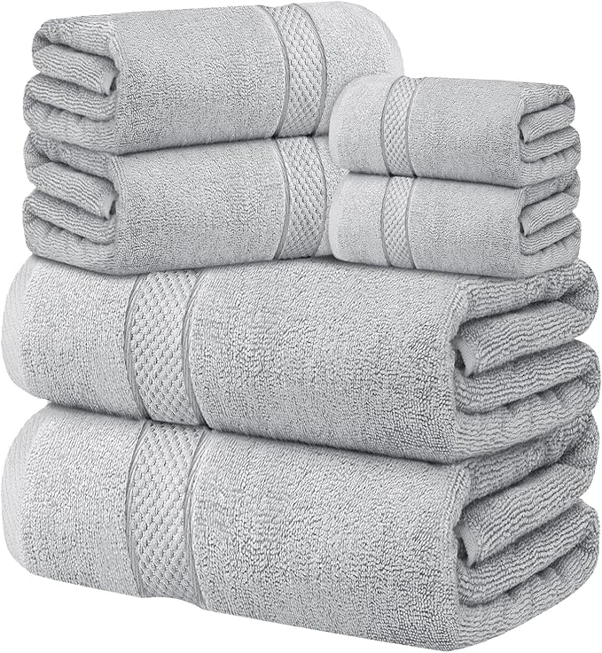 Oakias Premium Towel Set 600 GSM 6 Piece Silver - 100% Ring Spun Cotton Highly Absorbent Towels Set - Super Soft Bathroom Towel Set - Hotel Quality Double Stitched Hem - Ideal for Hotels, Spa, Gyms