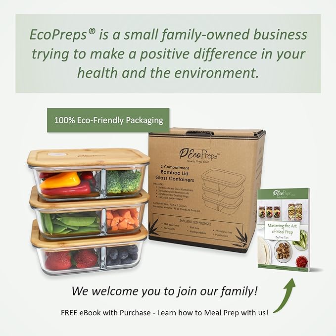 EcoPreps Glass Meal Prep Containers with Bamboo Lids, 2 Compartment Glass Bento Box Container Set (3 Pack) | 100% Plastic Free, Eco-Friendly, Lunch Containers with Lids Made of Bamboo - Set of 3