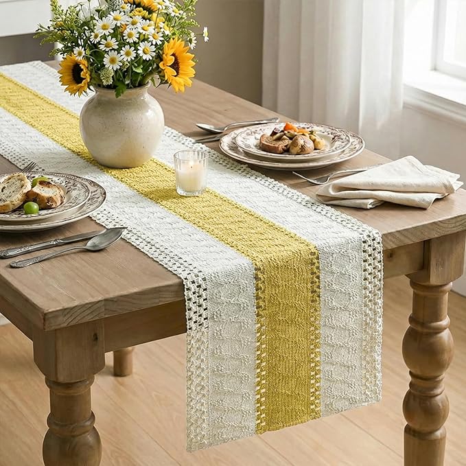 Artoid Mode Yellow Farmhouse Rustic Table Runner, Seasonal Holiday Hollow Kitchen Dining Table Decoration for Home Party Decor 12x90 Inch