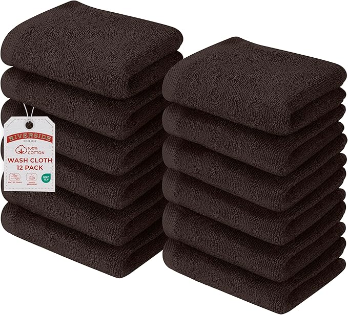 RIVERSIDE Pack of 12 Washcloths, 12 x 12 Inches, 100% Cotton, Premium Flannel Face Cloths, Highly Absorbent & Soft Feel Fingertip Towels (Coffee Brown, 12 Pack)