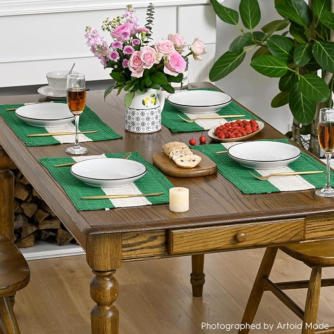 Artoid Mode Dark Green Farmhouse Rustic Placemats Set of 4,12x18 Inch Seasonal Hollow Table Mats Party Kitchen Dining Decoration