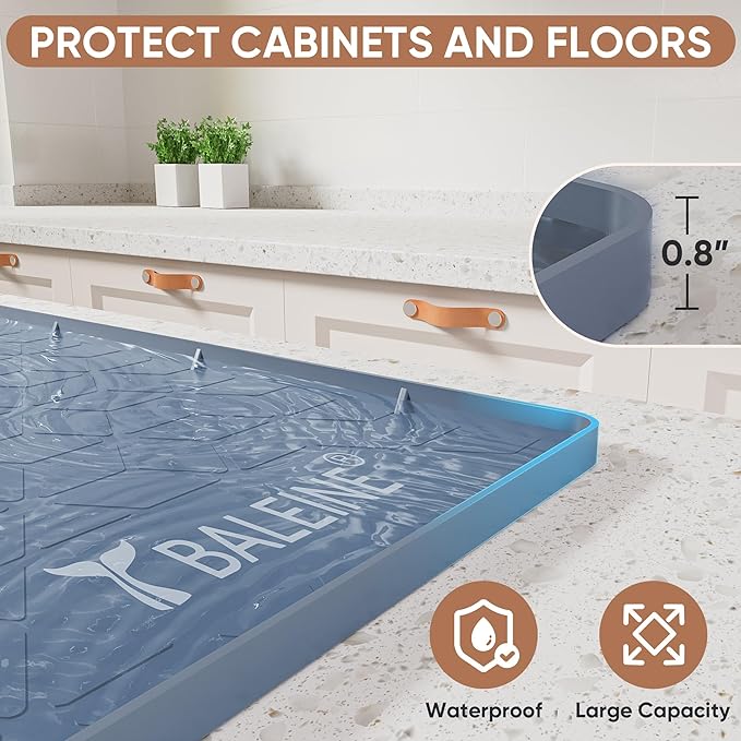 BALEINE 34''×22'' Under Sink Mat, Waterproof Food Grade Silicone Undersink Mat, Cabinet Shelf Drip Tray, Under Sink Liner for Kitchen, Bathroom (Blue)