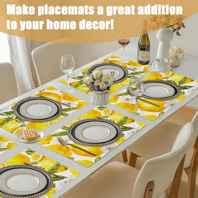 Watercolor Lemon White Flower Placemats Set of 6, Linen Place Mat Washable Stain Resistant Table Mats for Farmhouse Kitchen Dining Party Wedding Decor 12x18 Inch