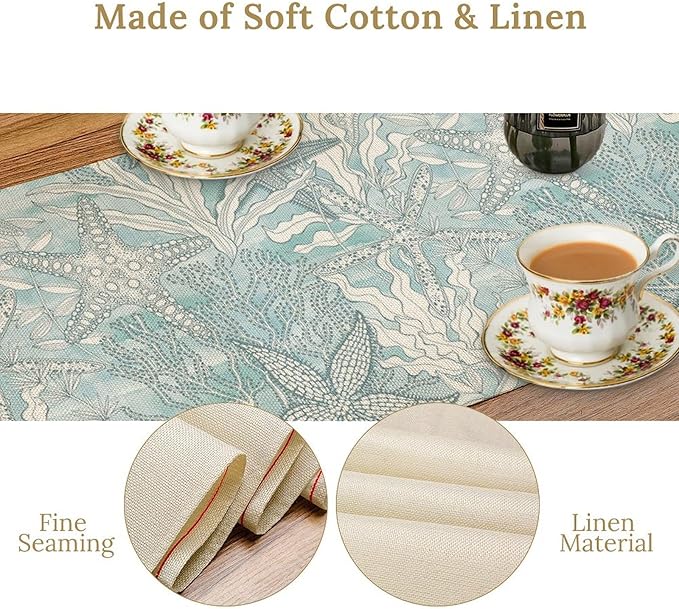 Nautical Table Runner Beach Sea Starfish Coral Art Printed Runner for Home Kitchen Dining Table Living Room Decor Fabric 1 Panel W13xL108in