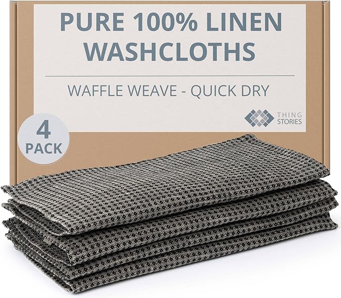 100% Flax Linen Washcloths - 4-Pack 10x10-inch Reusable Waffle Washcloths - Make up Removers Face Cloth - Black-Natural Waffle Weave Wash Cloths - Small Face Towels for Women