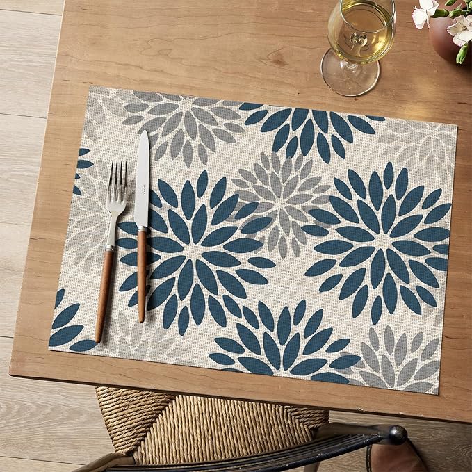Artoid Mode Floral Vinyl Plistic Placemats Set of 6, Heat Resistant Washable Non-Slip PVC Place Mats for Party Kitchen Dining Decor, Blue Grey