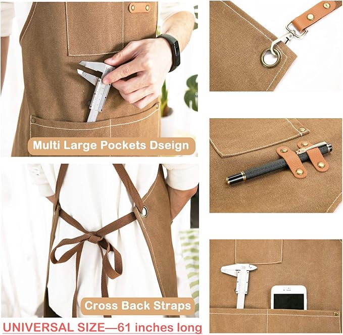 ZOMAO Chef Apron, Cotton Canvas Cross Back Apron with Pockets for Women and Men,Adjustable Strap and Large Pockets Apron,Kitchen Cooking Baking Bib Apron