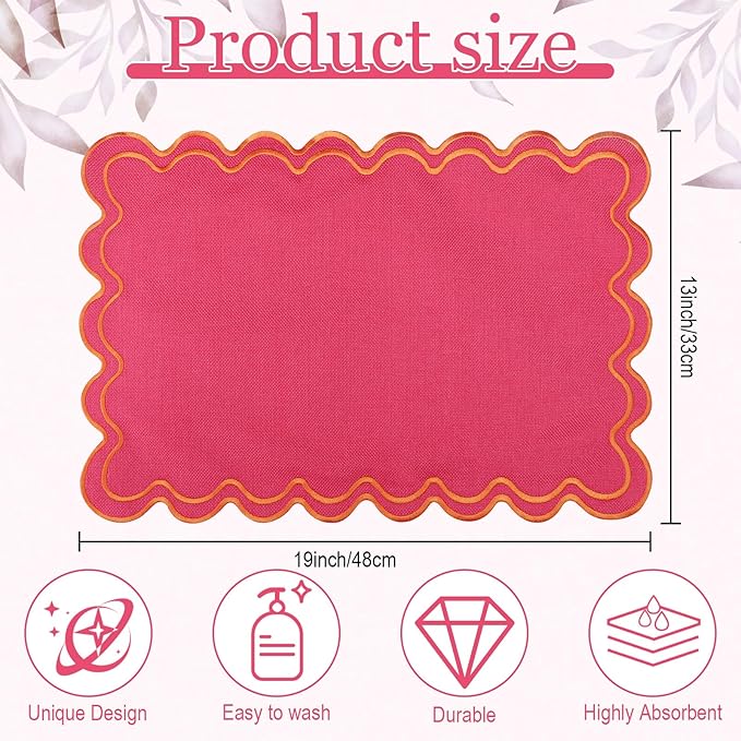 Linen Placemats Set of 12 Scalloped Placemat 13 X19 Wavy Embroidery Double Layered Washable Farmhouse Dinner Fabric Table Mat Napkin for Wedding Party Christmas Hotel Restaurant(Rose Pink)