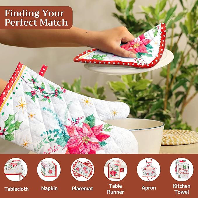 Maison d' Hermine Pot Holders 100% Cotton Heat Resistant Potholders 8" x 8" Hot Pads with Loop for Thanksgiving Christmas Decorations BBQ Cooking Handling Hot Pans (Pack of 1, Poinsettia Christmas)