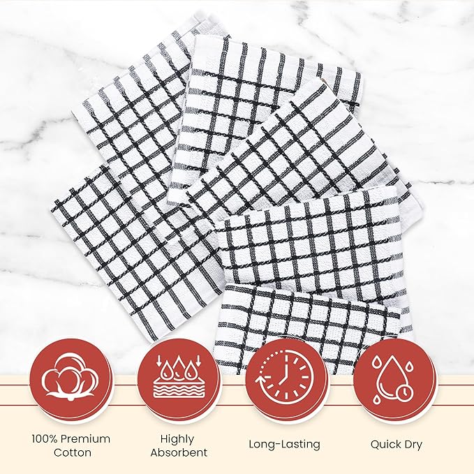 Vintage Vista 100% Cotton Dish Cloths (Pack of 6) - Dish Rags for Washing Dishes - Reusable & Highly Absorbent Kitchen Towels - Kitchen Rags fo Easter - (12" x 12" - Black Checkered)