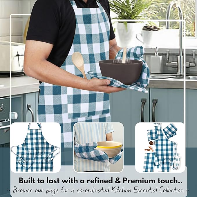 Native Fab Buffalo Plaid Check Oven Mitts and Pot Holders Set of 4, 100% Cotton Heat Resistant Kitchen Gloves, 2 Oven Mitts (7x13), 2 Pot Holders (8x8) for Cooking & Baking, Teal Green White