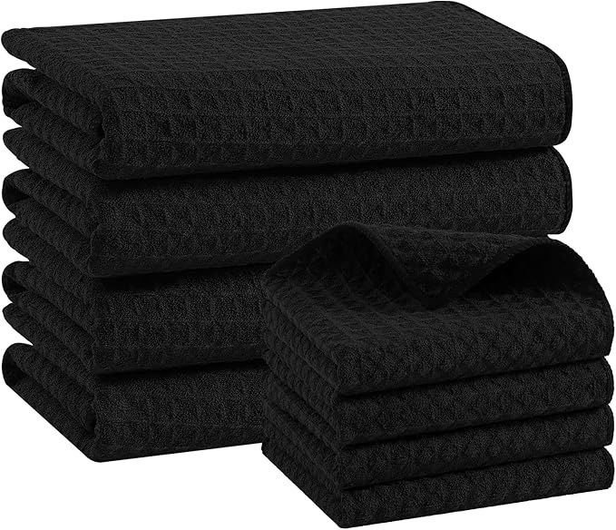 Homaxy Microfiber Waffle Weave Kitchen Towels Set, 16 x 28 Inch and 12 x 12 Inch Ultra Absorbent and Solid Color Dish Towels, 8 Pack, Black