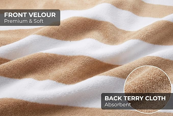 Premium Velour Cabana Beach Towel 2 Pack, 30” x 60” Soft Plush Cotton Pool Towel, Absorbent Quick Dry Towel for Beach and Pool (White Beige)