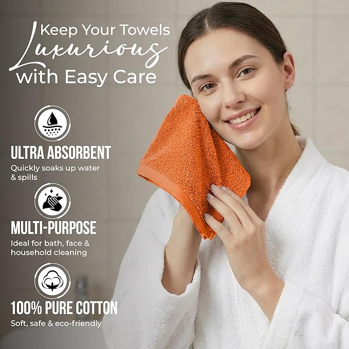 RIVERSIDE Pack of 24 Wash Cloths for Showering, 12 x 12 Inches, Super Soft & Absorbent, 100% Cotton Washcloths Premium Quality Flannel Face Cloths for Bathroom, Gym, Spa (Orange, 24 Pack)