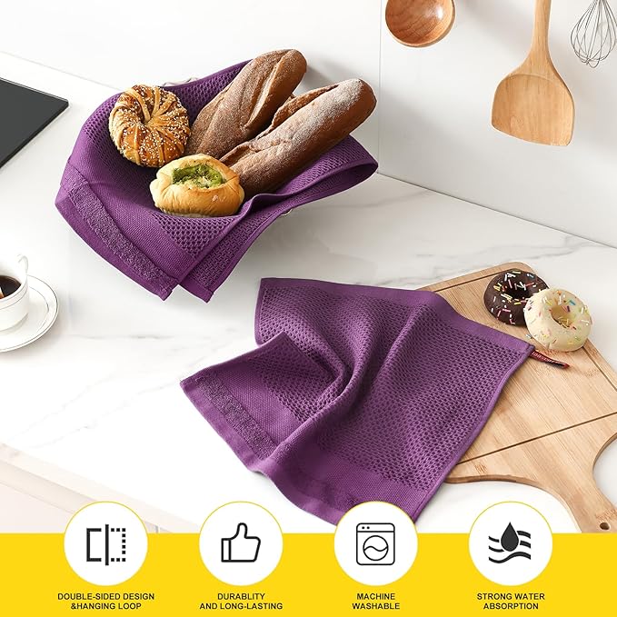 Homaxy Kitchen Towels and Dishcloths Set, 12 x 12 and 13 x 28 Inches, Set of 10 100% Cotton Waffle Weave Kitchen Towels, Super Soft and Absorbent Dish Cloths, Purple