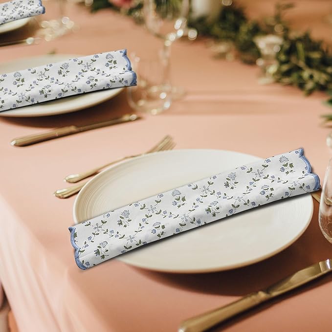 Ridhi Hand Block Print Powder Blue 18" x 18" (Set of 4) Embroidery Table Napkins Reusable Cotton Dinner Napkins for Weddings, Parties, Everyday Dining Gift for Spring, Easter, Valentine