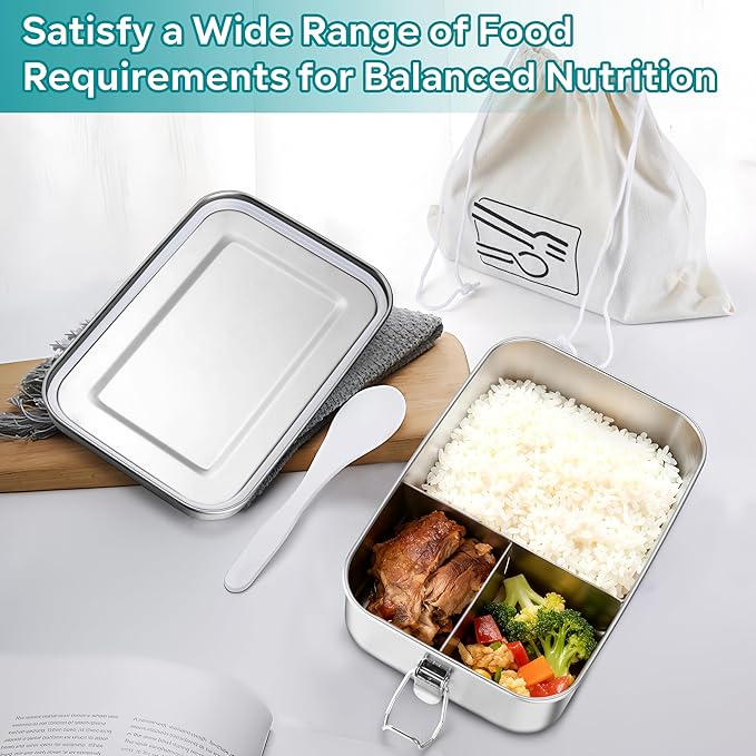 HaWare Stainless Steel Bento Box, 47oz (1400ml) Leak-Proof Lunch Box for Kids Adults, 3 Compartments Food Containers with Removable Dividers and Bag, Metal Lunch Containers for Snack Meal Sandwich