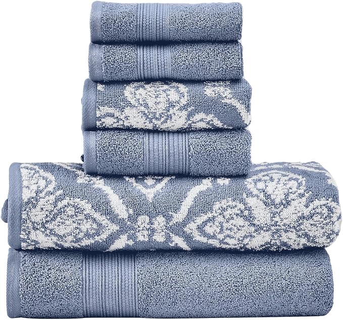 Modern Threads Amaris 6-Piece Reversible Yarn Dyed Jacquard Towel Set - Bath Towels, Hand Towels, & Washcloths - Super Absorbent & Quick Dry - 100% Combed Cotton, Denim