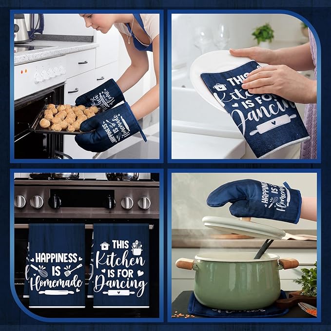 12 Pcs Farmhouse Kitchen Decor Sets 4 Blue Kitchen Hand Towels 4 Dish Clothes 2 Navy Blue Pot Holders 2 Rustic Oven Mitts Glove Hand Towels and Dishcloths Sets for Home Decor Accessories Mom Gift