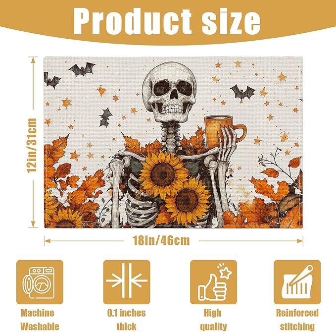 Fall Skull Sunflower Placemats Set of 6, Halloween Bat Linen Place Mat Washable Stain Resistant Table Mats for Farmhouse Kitchen Dining 12x18 Inch