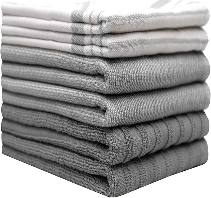 Premium Kitchen Towels (20”x 28”, 6 Pack) | Large Cotton Dish Towels | Flat & Terry Highly Absorbent Kitchen Linen Set with Hanging Loop | Grey Striped