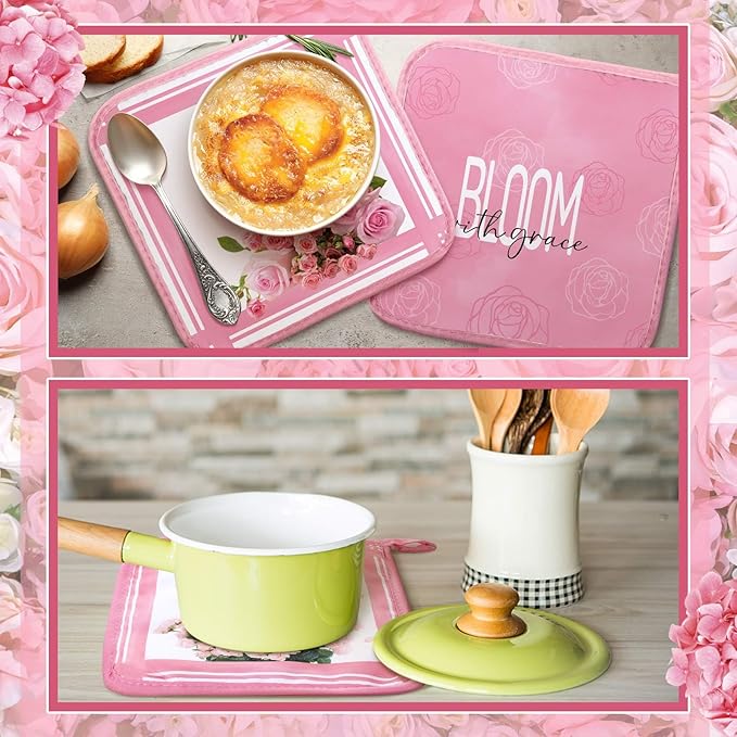 Bencailor 12 Pcs Pot Holders with Pocket Kitchen Hot Potholders Hot Pad Oven Mitts Cookie Bag Oven Gloves for Kitchen Gift Baking Cooking(Pink,Pink Rose)