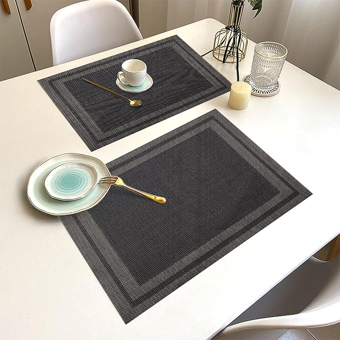 Placemats Set of 8 Washable&Wipeable Place mats for Dining Table Kitchen Indoor Outdoor Table Mats Heat Resistant Non Slip Woven Vinyl Table Placemats (Black，8PCS)
