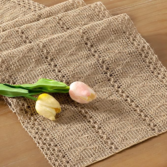 Socomi Boho Table Runner Easter Spring Farmhouse Burlap Jute Bamboo Rustic Dining Kitchen Centerpiece Decor Small Macrame Woven Coffee Table Runner for Dresser Scarf Home Decor 12x48 inch