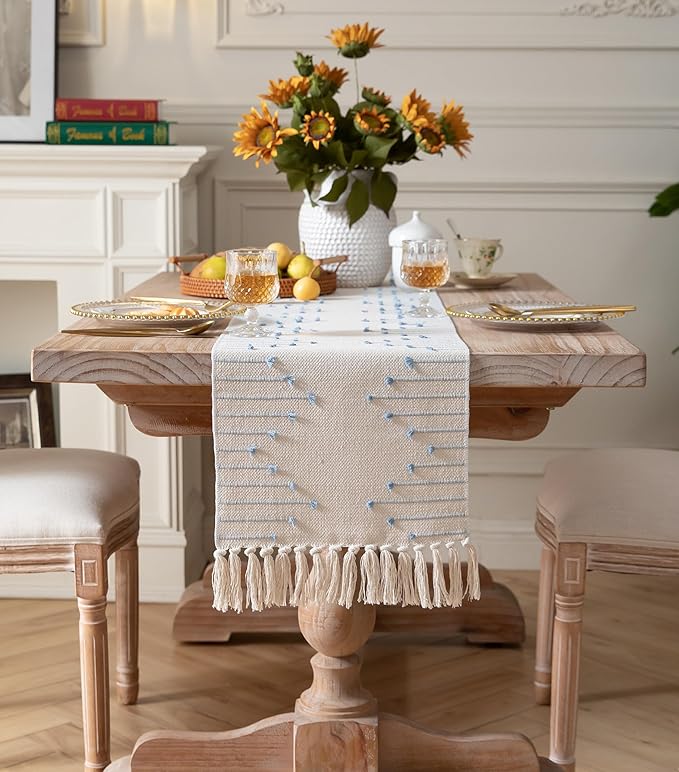 Boho Table Runner 13 x 48 Inch Long Natural Cotton Woven Runner with Tassels for Home Dining Table décor, for Modern Farmhouse Decor Coffee Table Runner, Light Blue and Beige