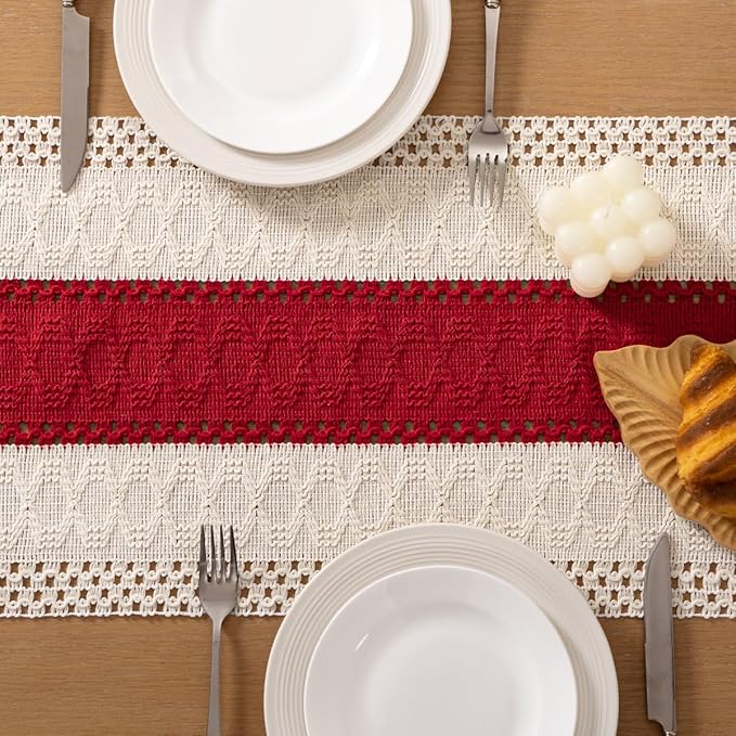 Socomi Boho Table Runner Easter Spring Farmhouse Rustic Dining Kitchen Centerpiece Decor Small Macrame Woven Cotton Linen Coffee Table Runner for Dresser Scarf Home Decor 12x72 in Red Ivory