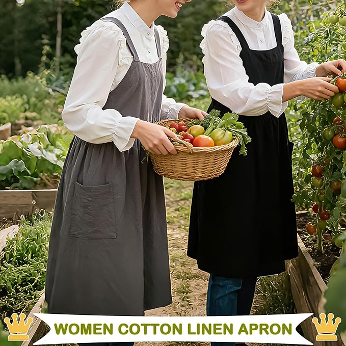 Uaussi Cotton Linen Apron Cross Back Work Apron for Women with Pockets Pinafore Dress X Cross Halter Apron for Chef Gardening