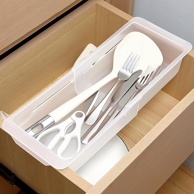 1 Pack Deep Drawer Organizer Bins, Adjustable Sliding Drawer Organizer Bin Expandable Tray for Kitchen Utensils, BBQ Tools, Towels, Durable Plastic Sliding for Easy Storage (12.4" to 18”)