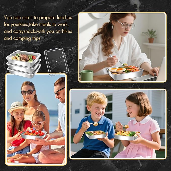 3-Pack Stainless Steel Food Storage Containers with Clear Lids - Stackable Meal Prep Trays for Lunch, Leftovers, Freezer & Dishwasher Safe(10x7.68x2.1in)