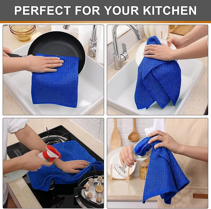 Kitinjoy 100% Cotton Waffle Weave Kitchen Hand Towels (13 X 28 Inches, Blueberry), 6-Pack Super Soft and Absorbent Dish Towel for Drying Dishes