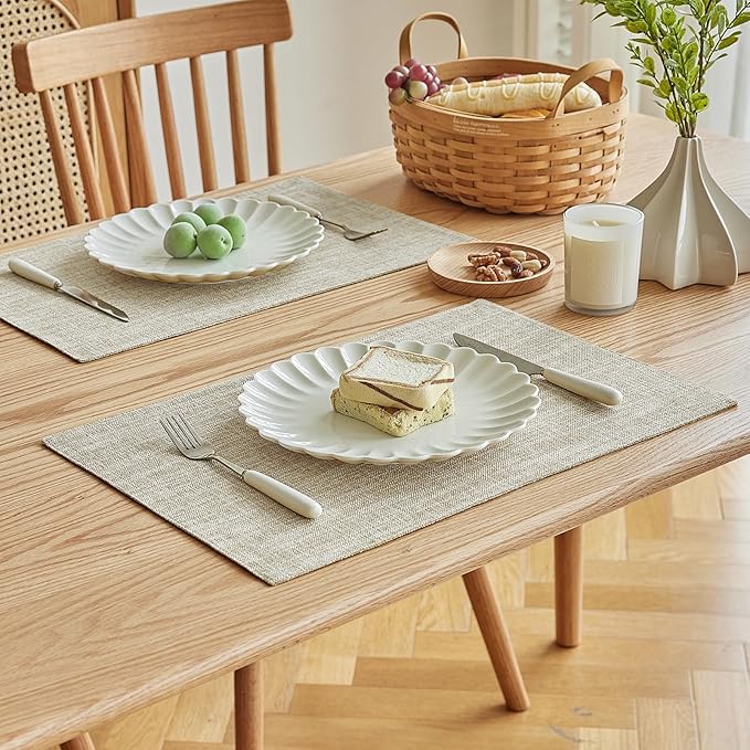 Softalker Faux Linen Placemats Set of 12-12 x 18 Inch, Heat Resistant Double Layered Durable Burlap Farmhouse Place Mats, Non-Slip Washable Rustic Table Mats for Dining, Kitchen, Party（Beige