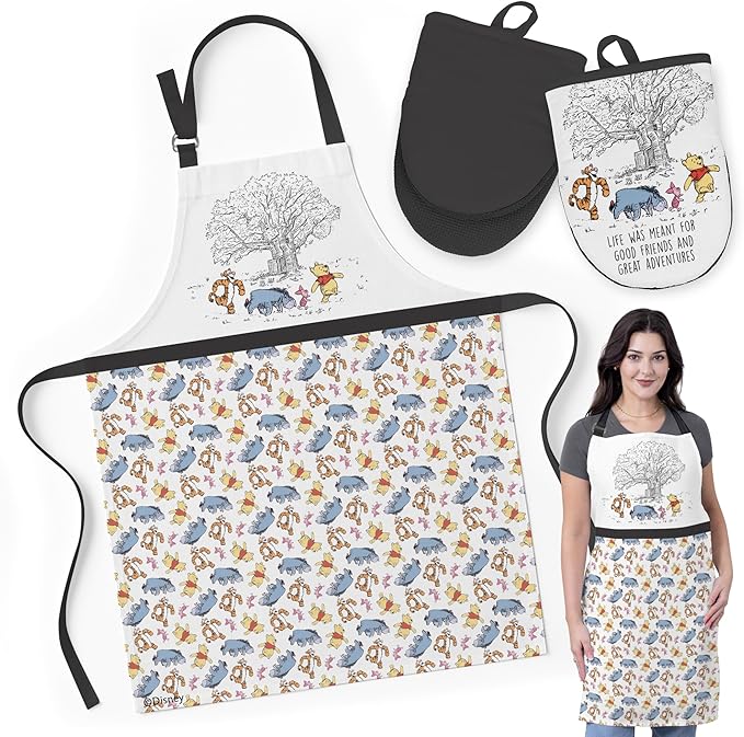 Best Brands Disney Apron & Oven Mitts Set – 3 Piece Bundle with 1 Cotton Kitchen Apron for Cooking & 2 Heat Resistant Pot Holders