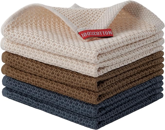 joybest Cotton Kitchen Dish Cloths, 6-Pack Waffle Weave Ultra Soft Absorbent Dish Towels Washcloths Quick Drying Dish Rags, 12x12 Inches, Mixed Color
