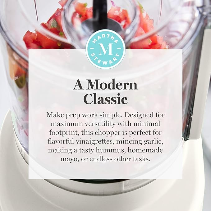 Martha Stewart 3 Cup Food Processor, Electric Vegetable Chopper, Stainless Steel Blades, 24oz BPA-Free Bowl, Pour Spout, Dicing, Mincing, Chop & Puree, Dishwasher Safe, Oil Chute, Easy-Clean, Linen