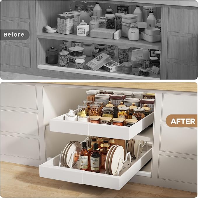 Seinloes 2 Pack Pull out Cabinet Organizer 21" Deep With Raising Pad for Framed Cabinets, Expandable Slide out Drawers for Kitchen Cabinets with 4pcs Divider Racks, Roll out Shelves 9"-14" W White