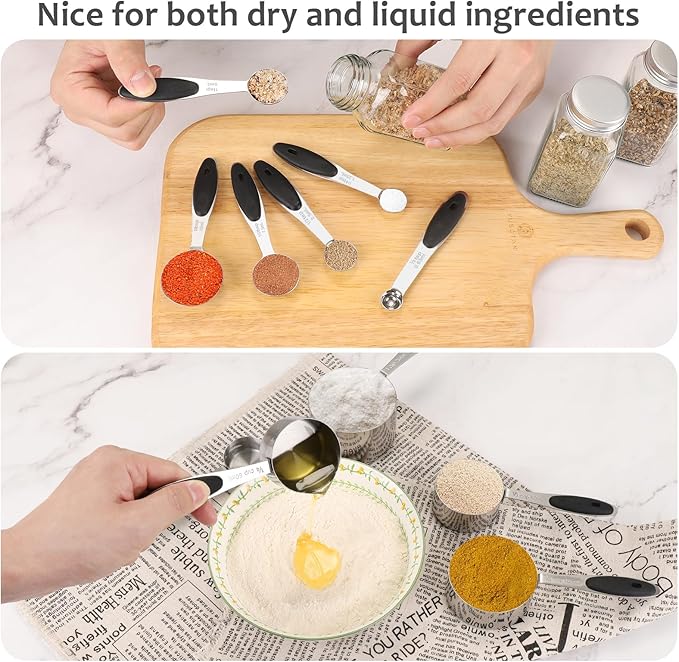 Accmor 11 Piece Metal Measuring Spoons Cups Set, Premium Stainless Steel Stackable Tablespoons Measurement kit, Kitchen Gadgets Cups and Spoon for Dry Liquid Ingredients Cooking Baking (Black Handle)