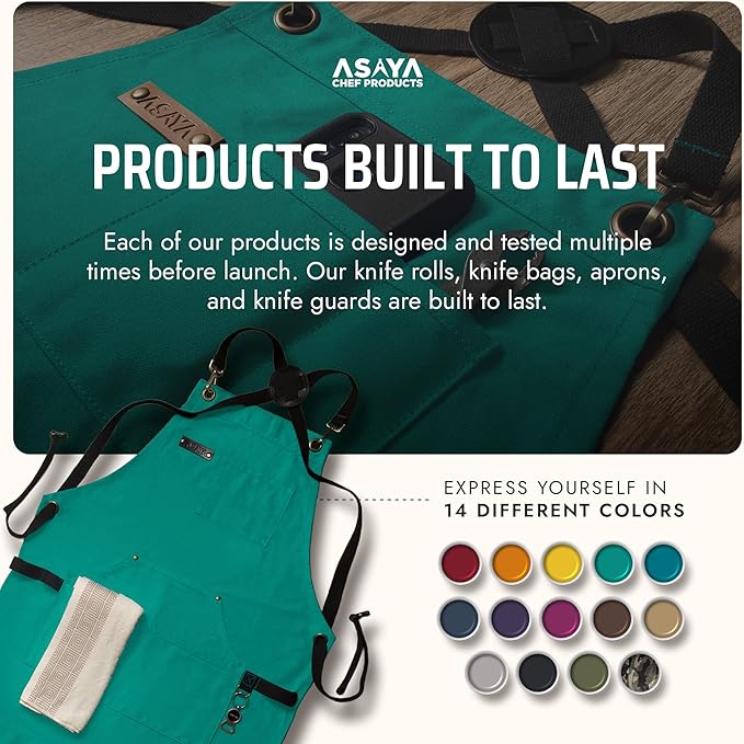 Asaya Chef and BBQ Apron with Bottle Opener and Hand Towel - 10oz Cotton Canvas, Stainless Steel Hardware - Cross Back Straps