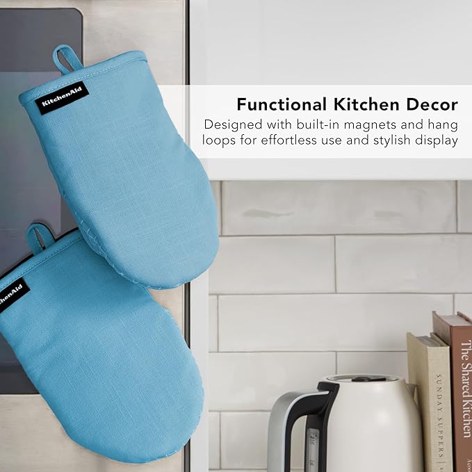 KITCHENAID Gourmet Series Gridlines Mini Oven Mitts 2-Pack Set, Heat Resistant up to 600°F, Soft Silicone Grip, Magnetic Cuff, Blue Velvet, 5.5"x9"