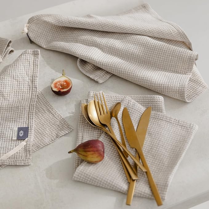 European Flax Linen Kitchen Towels Set of 2 - Handcrafted Stonewashed Waffle Weave Dish Towels, Quick Dry Absorbent Hand Towels for Bathroom & Kitchen