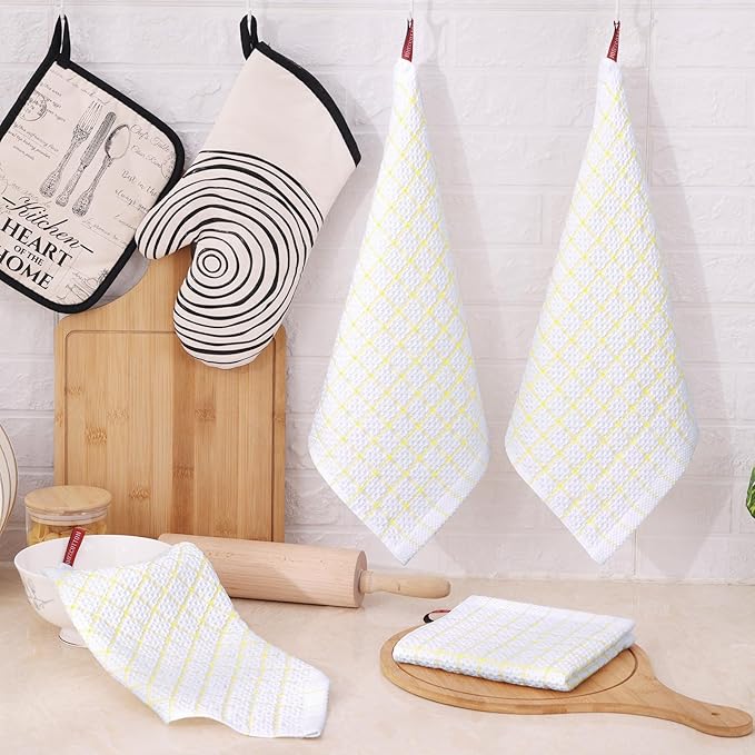 Homaxy 100% Cotton Dish Cloths, 6 Pack-12 X 12 Inches, Check Design Waffle Weave Dish Rags for Washing Dishes, Ultra Absorbent and Fast Drying Dishcloths, Yellow