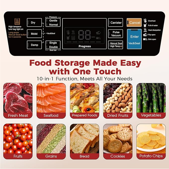 95kPa Food Vacuum Sealer Machine, 230W Automatic Food Sealer for Sous Vide, 10-in-1 Preset Modes with Double Heat Seal, Built-in Cutter & Starter Kit for Meal Prep and Storage