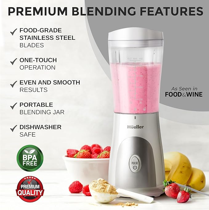Mueller Heavy-Duty Personal Blender for Shakes and Smoothies with a 15 Oz Travel Cup and Lid, Juices, Baby Food, Portable Blender & Food Processor, White