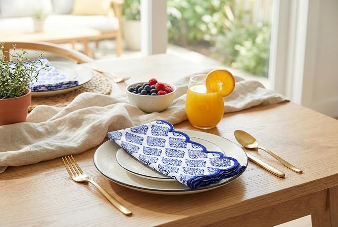 PurpleEssences Scalloped Embroidery Cloth Napkins - Spring Easter Summer - Table Decor - 100% Cotton - Set of 4-18x18 inch - Floral Paisley Edges - Blue
