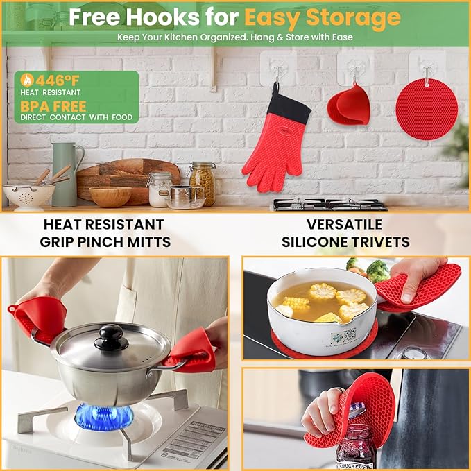 GEEKHOM 8PCS Extreme Heat Resistant Silicone BBQ & Oven Gloves Set to 446°F with Mitts, Trivet, Grips, Hooks for Grilling & Baking