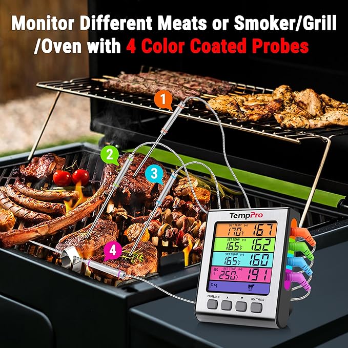 TempPro TP17H Digital Meat Thermometer with 4 Temperature Probes, HI/Low Alarm Smoker Food Thermometer with Colored Backlit LCD, BBQ Thermometer for Cooking Grill Kitchen Oven (Previously ThermoPro)