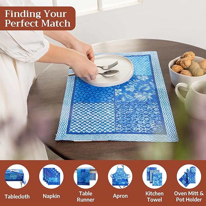 Maison d' Hermine Placemats Set of 4 100% Cotton Washable Cloth Place Mats Reusable Table Mats for Kitchen Dining Party Wedding Gifts for Mothers Day Spring/Summer (Indigo Love, 13" x 19")